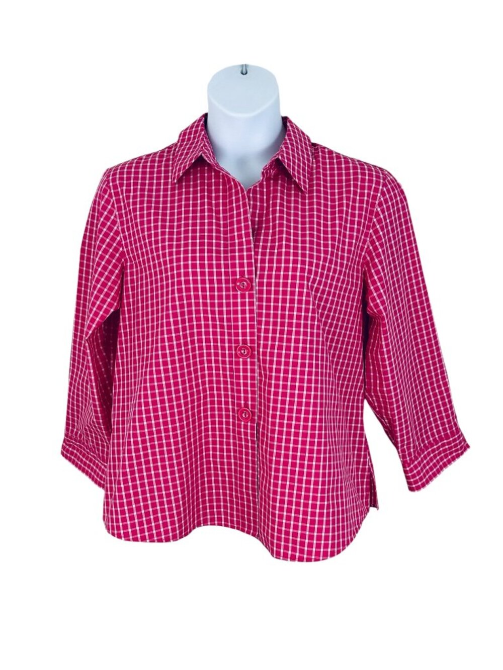 Foxcroft Women's Size 18 Windowpane 3/4 Sleeve Pink White Shirt Tunic